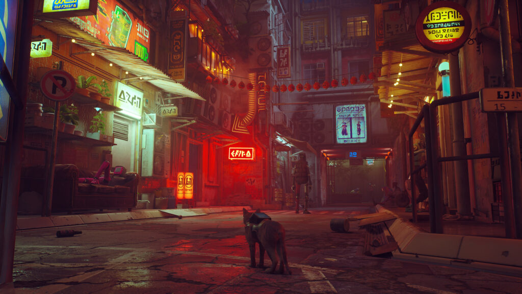 Stray, çürümekte olan bir siber şehrin neonlarla dolu sokaklarında, kasvetli, köhne ve tekinsiz bölgelerinde geçen bir üçüncü şahıs kedi macera oyunudur. 