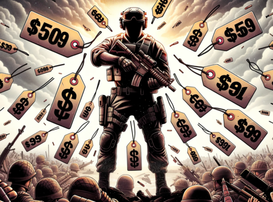 Illustration of a Call of Duty soldier standing tall in the middle, with price tags flying around like bullets, symbolizing the rising costs. The background is a detailed war scene from the game.