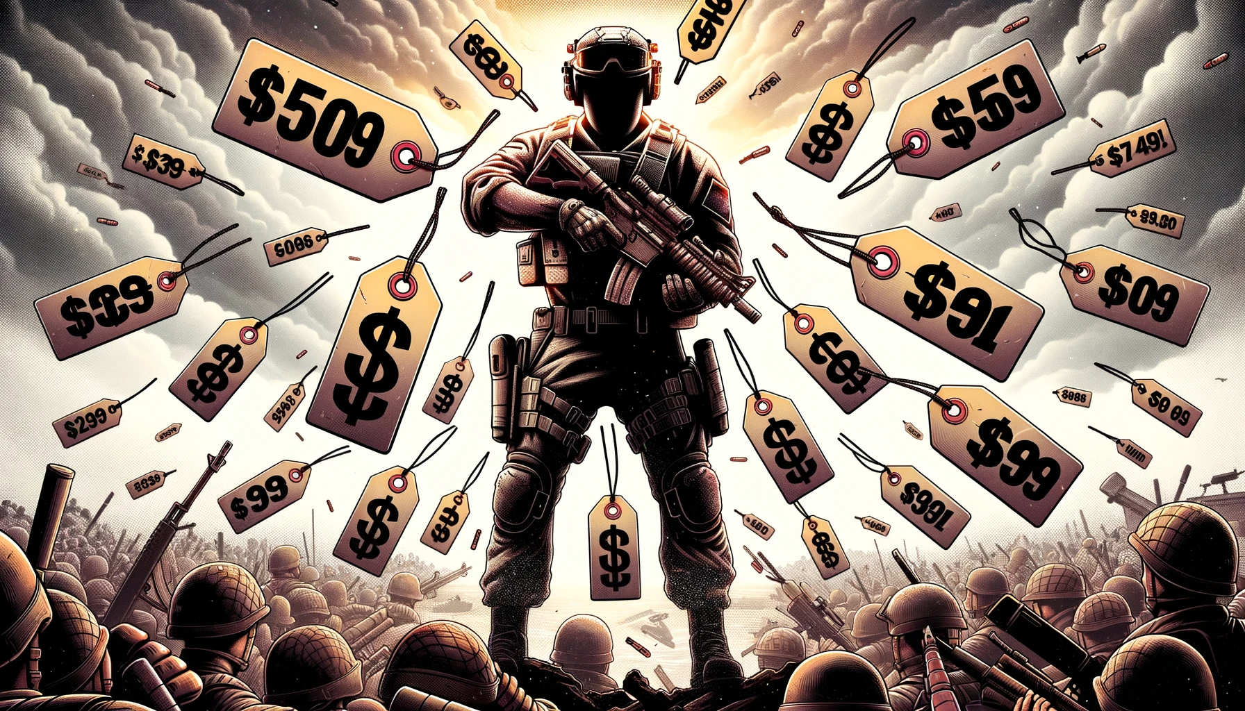 Illustration of a Call of Duty soldier standing tall in the middle, with price tags flying around like bullets, symbolizing the rising costs. The background is a detailed war scene from the game.
