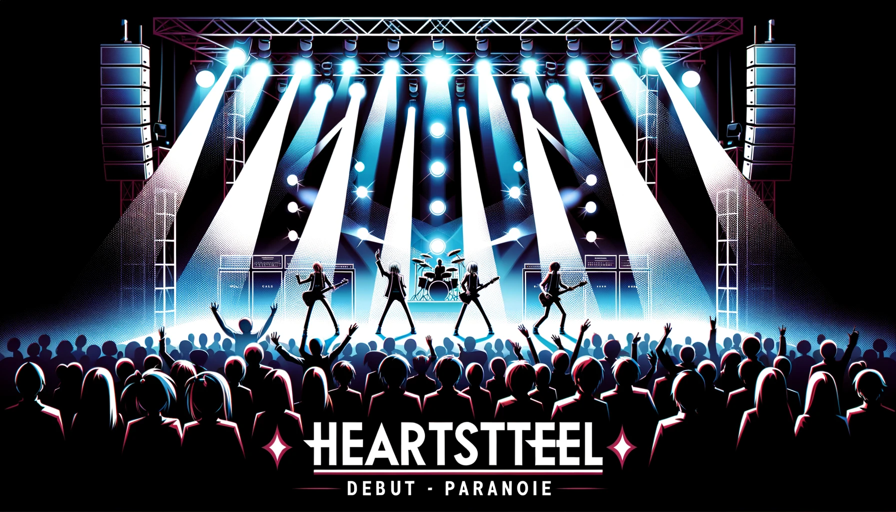 Photo of a stage with spotlights shining down, showcasing a virtual holographic band named HEARTSTEEL with the silhouettes of the characters Ezreal, Kayn, Aphelios, Yone, K’Sante, and Sett. A large screen in the background displays the logo of 'League of Legends' and 'HEARTSTEEL'.