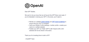 The informational email sent by OpenAI regarding GPT Store.