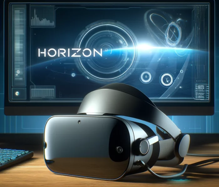 Meta'nın yeni VR işletim sistemi Horizon OS'un logosu, sanal gerçeklik gözlüğü ile entegre bir şekilde gösterilen bir bilgisayar ekranında yer alıyor